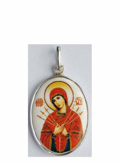B528Lg Porcelain Seven Arrows Theotokos Icon Pendant