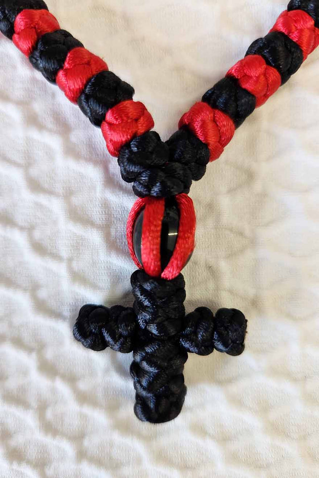 Prayer Rope, 100 knots with cross and red beads