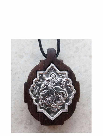 BWS 060 Silver St George Slaying the Dragon Icon Pendant Mounted on Wood