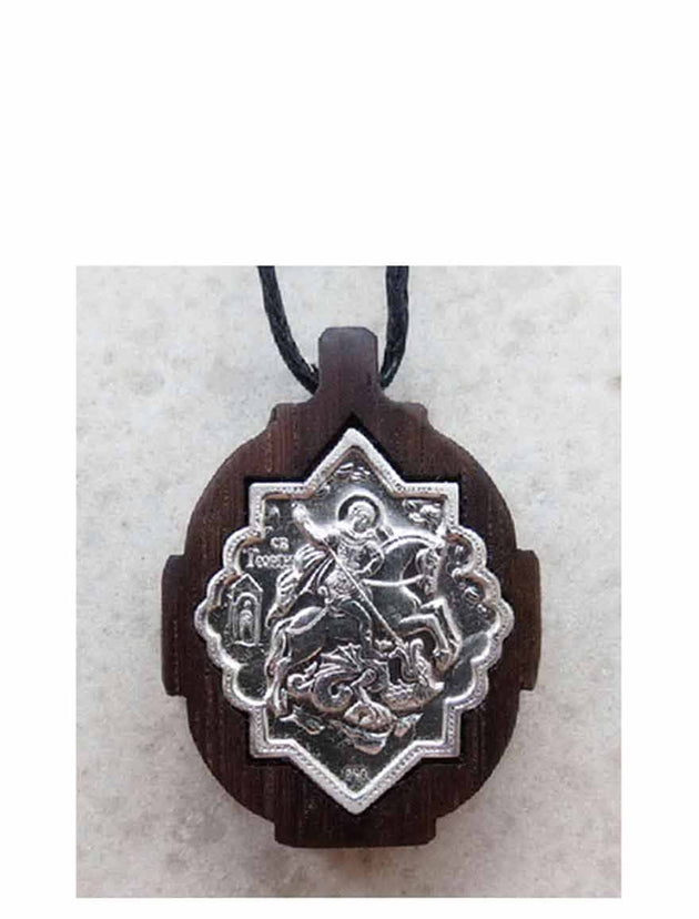 BWS 060 Silver St George Slaying the Dragon Icon Pendant Mounted on Wood