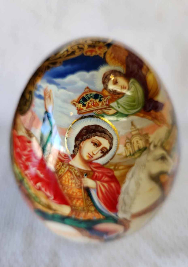 An Icon Egg St George slaying dragon Hand Painted